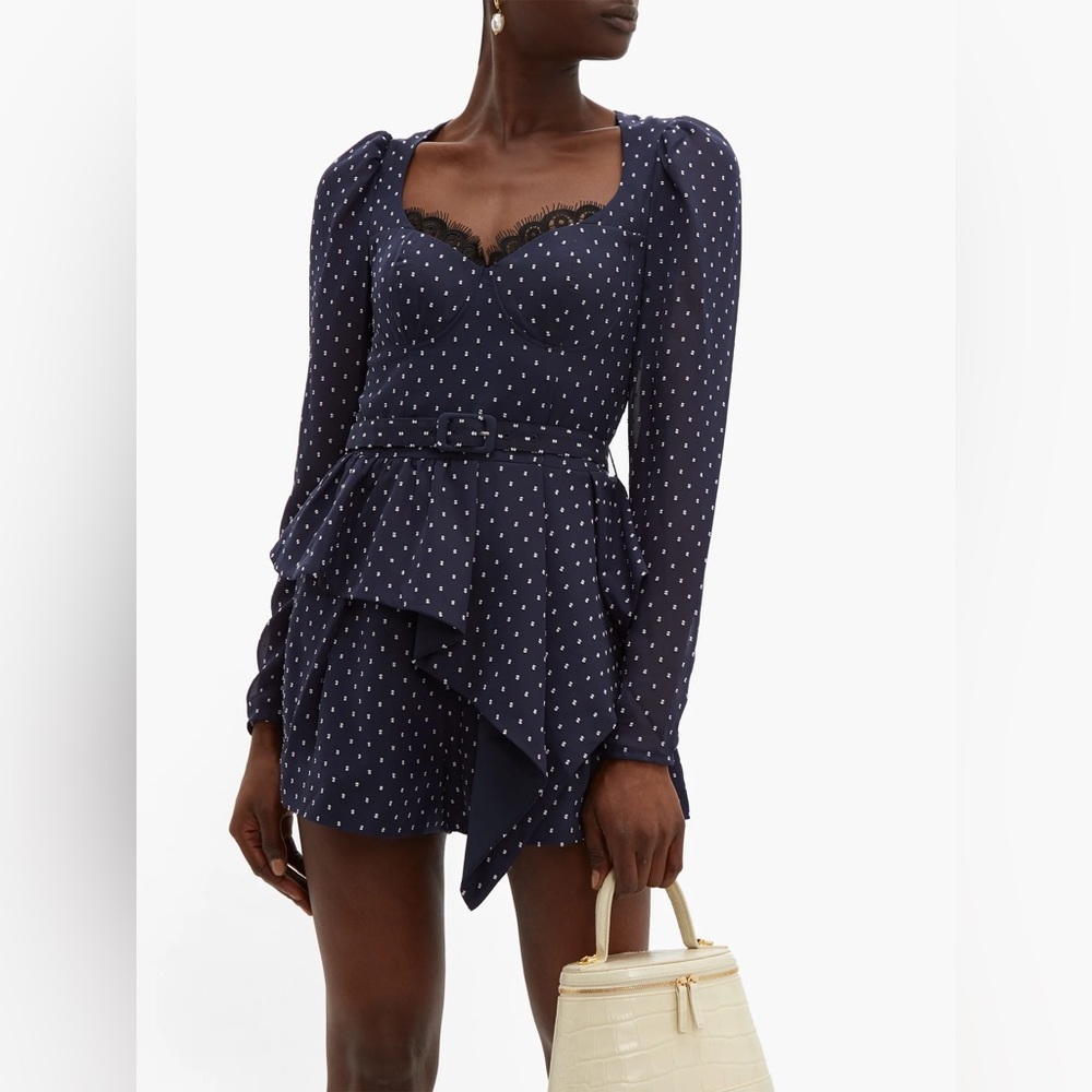 Self portrait lace trimmed fil coupe crepe playsuit romper in navy